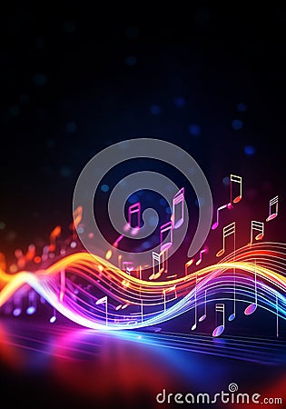 colorful music notes in neon light style with dark background Stock Photo