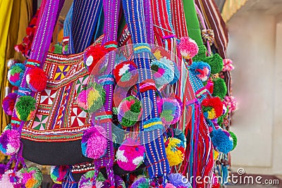 Colorful Myanmar Traditional bags on Sale In Market Stock Photo