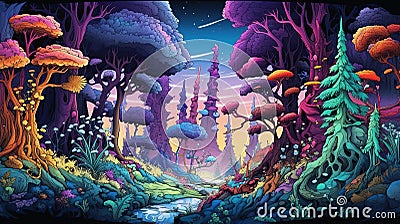 Colorful Mystical forest. Illustration painting Stock Photo