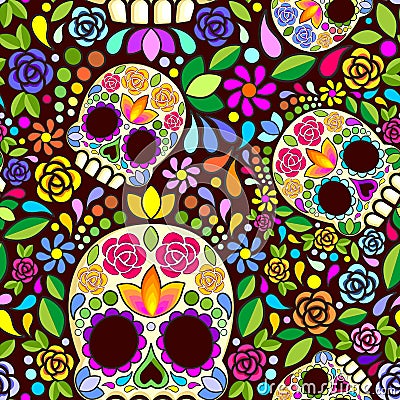 Sugar Skull Floral Naif Art Mexican Calaveras Vector Seamless Pattern Design Vector Illustration