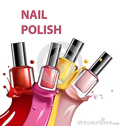 Colorful nail lacquer, nail polish splatter on white background, 3d illustration, vogue ads for design Cosmetics and Vector Illustration