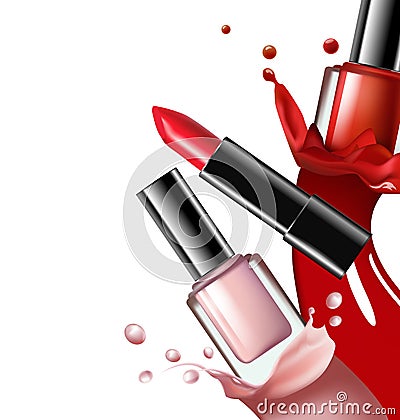 Colorful nail lacquer, nail polish splatterand red lipstick on white background, 3d illustration, vogue ads for design Vector Illustration