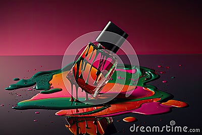 Colorful nail polish spilling on an abstract background. Painted manicure cosmetic bottle. Stock Photo