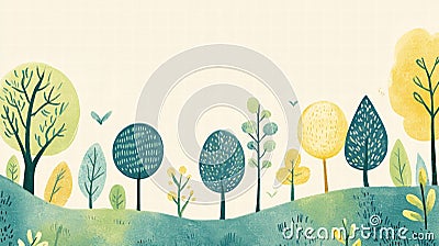 Colorful naive art style forest background with ample copy space for text. Generative AI Stock Photo