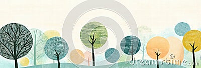 Colorful naive art style landscape with trees and ample copy space for adding text. Generative AI Stock Photo