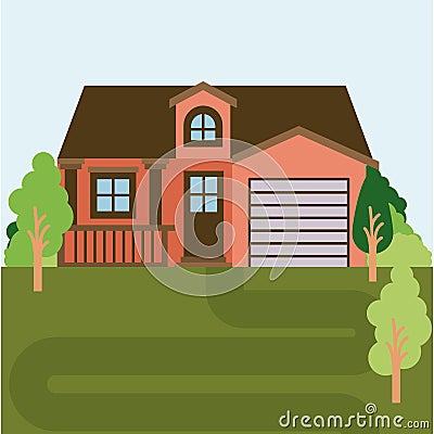 Colorful natural landscape with country house with attic and garage Vector Illustration