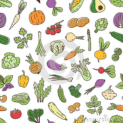 Colorful natural seamless pattern with vegetables and salad greens. Line art background with healthy organic products Vector Illustration