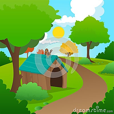 Colorful nature landscape with green grass, trees, bushes and wooden dog s house. Sunny summer background with blue sky Vector Illustration