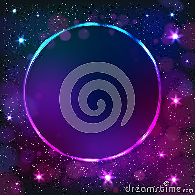 Colorful neon circle frame on a dark star background Vector Illustration