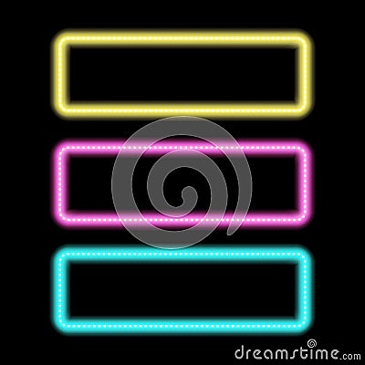 Colorful neon frames set. Blue, pink and yellow. Vector illustration. Vector Illustration