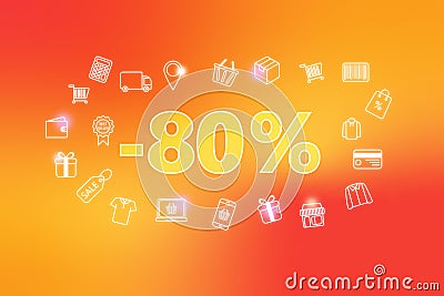 Colorful neon glowing - 80 % off sale tag hanging on orange background. Stock Photo