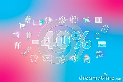 Colorful neon glowing - 40 % off sale tag hanging on pink and blue background. Various shopping icons. Stock Photo