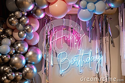 Colorful neon happy birthday. Trendy style. Happy Birthday background. Neon sign. Custom neon. Party decor Stock Photo