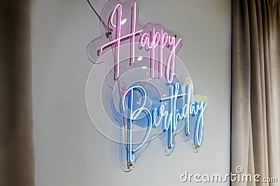 Colorful neon happy birthday. Trendy style. Happy Birthday background. Neon sign. Custom neon. Party decor Stock Photo