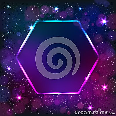 Colorful neon hexagon frame on a dark star background Vector Illustration