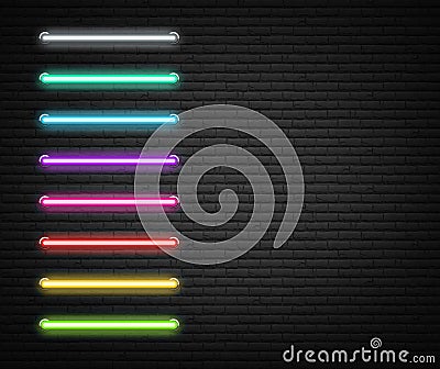 Colorful neon luminous strips on grey realistic bricklaying wall Vector Illustration