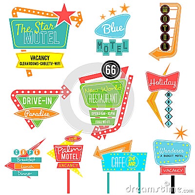 Colorful neon sign motel cafe restuarant Vector Illustration