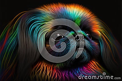 Colorful neon style Pekingese dog head illustration on black background. Cartoon Illustration