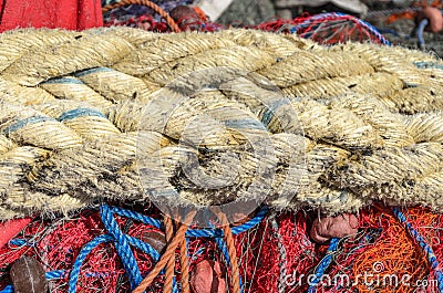 Colorful nets and a hawser rope Stock Photo