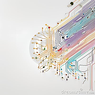 Colorful network of intricate, interconnected lines resembling a circuit board Stock Photo