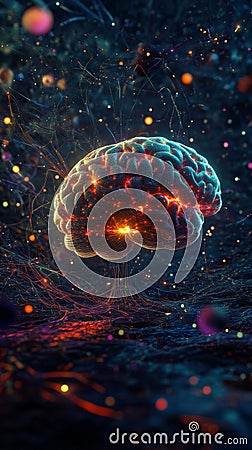 Colorful neural connections surround illuminated brain, neural network visualization in abstract space. Artificial Stock Photo