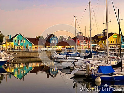 Shoreline Village marina Long Beach California golden hour Stock Photo