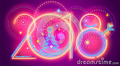 Colorful New Year line numera, Colorful neon 2018. Cartoon Illustration