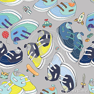 Colorful newborn shoes for boys with boys toys. Seamless pattern. Vector illustration on light grey background Vector Illustration