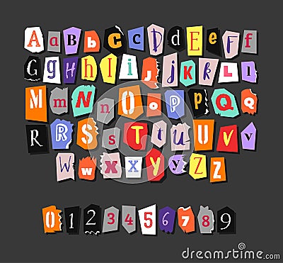 Colorful Newspaper alphabet. Hand made anonymous set. Vector Letters, numbers Vector Illustration