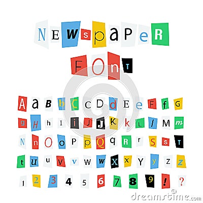 Colorful newspaper letters font, latin alphabet signs and numbers on white Stock Photo