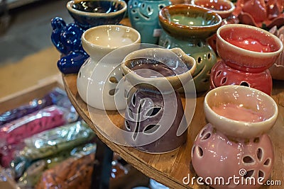 Colorful nice ceramic candle holders or ceramic candlestick for home decoration .selective focus Stock Photo