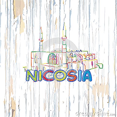 Colorful Nicosia drawing on wooden background Vector Illustration