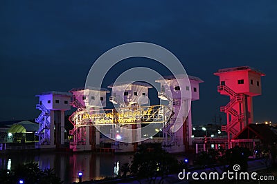 Colorful night flood gate. Editorial Stock Photo