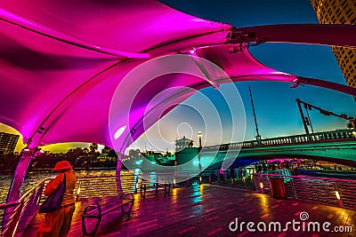 Colorful night in Tampa Riverwalk Editorial Stock Photo