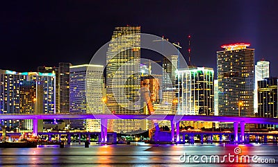 Colorful night view of city of Miami Florida Stock Photo