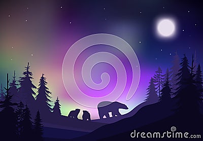 Colorful Night Winter Forest Landscape Template Vector Illustration