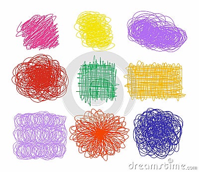Colorful nine scribbles set or collection on white background. Vector Illustration