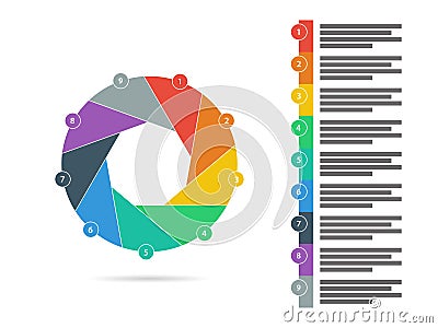 Colorful nine sided flat shutter puzzle presentation infographic diagram chart vector Vector Illustration