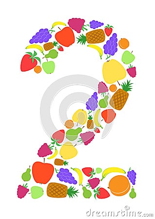 Colorful number 2 shaped by flat fruit designs, Arial Stock Photo