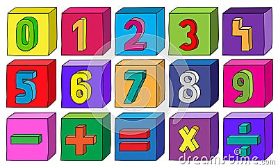 Colorful numbers from 1 to 9 with mathematical operations on blocks Vector Illustration