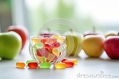 Colorful nutrition boost: Gummy supplements in a glass jar, offering chewable vitamins for a vibrant start Stock Photo