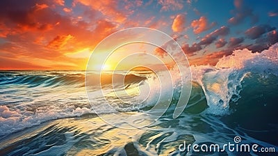 Colorful Ocean Wave. Sea water in crest shape. Sunset light and beautiful clouds on background Stock Photo