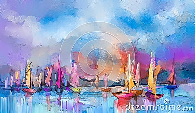 Colorful oil painting on canvas texture. Impressionism image of seascape paintings with sunlight background Stock Photo