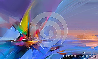 Colorful oil painting on canvas texture. Semi- abstract image of seascape paintings with sunlight background Stock Photo