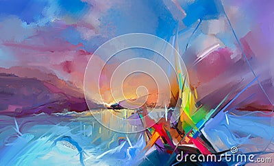 Colorful oil painting on canvas texture. Semi- abstract image of seascape paintings with sunlight background Stock Photo