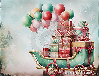 Colorful Old-fashioned sleigh with gifts neatly stacked and balloons flying Stock Photo