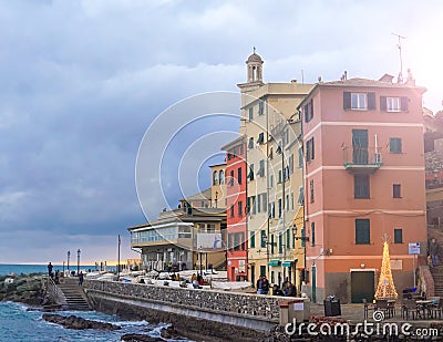 colorful old houses near blue sea in Genova ,district Boccadasse Stock Photo