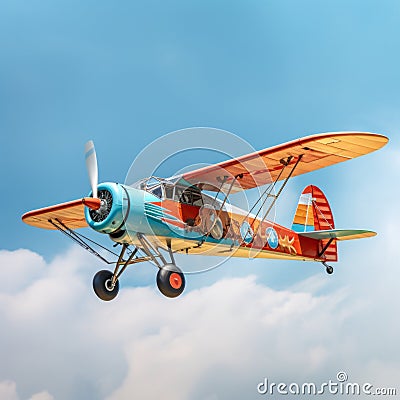 colorful old prop plane flying across a light blue sky , generated by AI Stock Photo