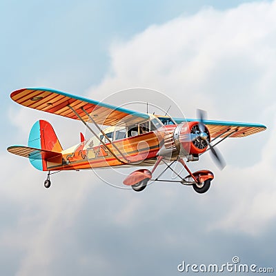 colorful old prop plane flying across a light blue sky , generated by AI Stock Photo