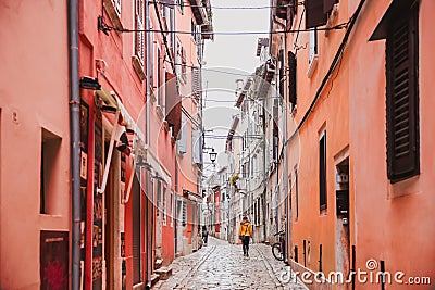 Colorful Old Town street perspective view in Rovinj, Istria, Croatia Stock Photo